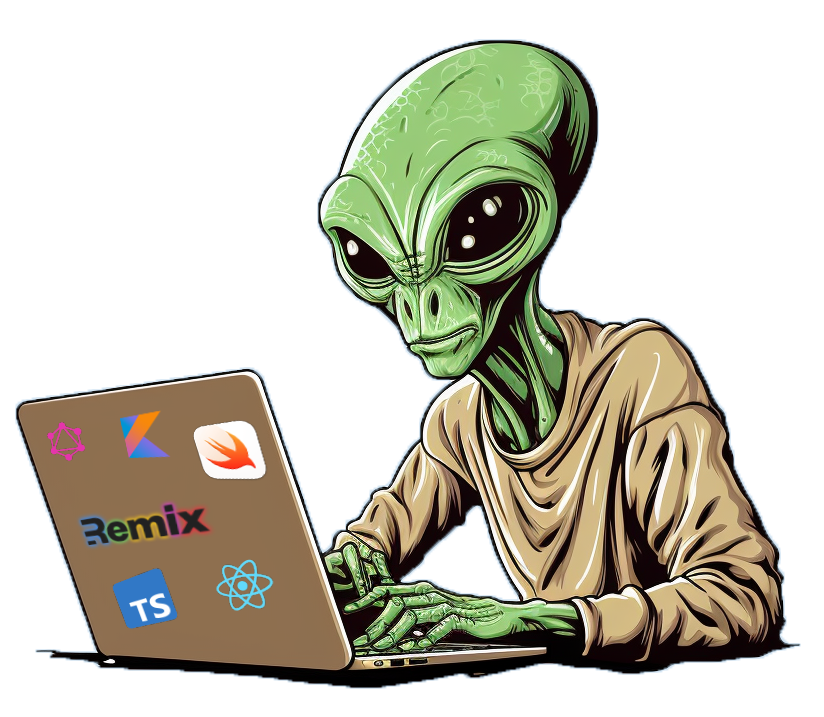 illustration of an alien programming on a laptop